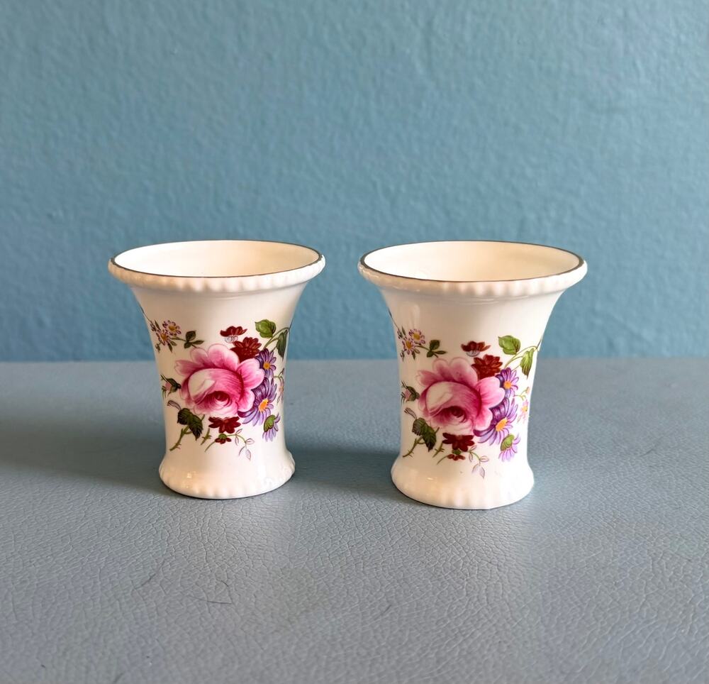 Pair Royal Crown Derby Posies Bud Vase Pair English Bone China Floral Rose